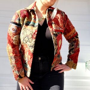 Chico's Multicolor Patchwork Tapestry Crochet Blazer